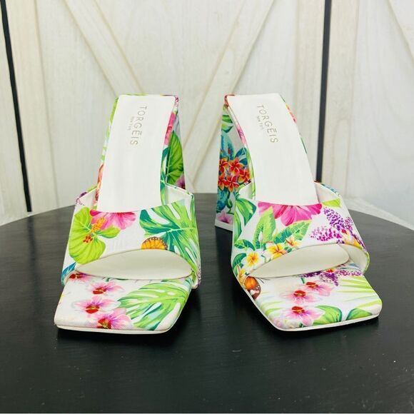 Torgeis Paradise Tropical Floral Flare Heel Mule Sandals White Multi 6.5 - Picture 4 of 11